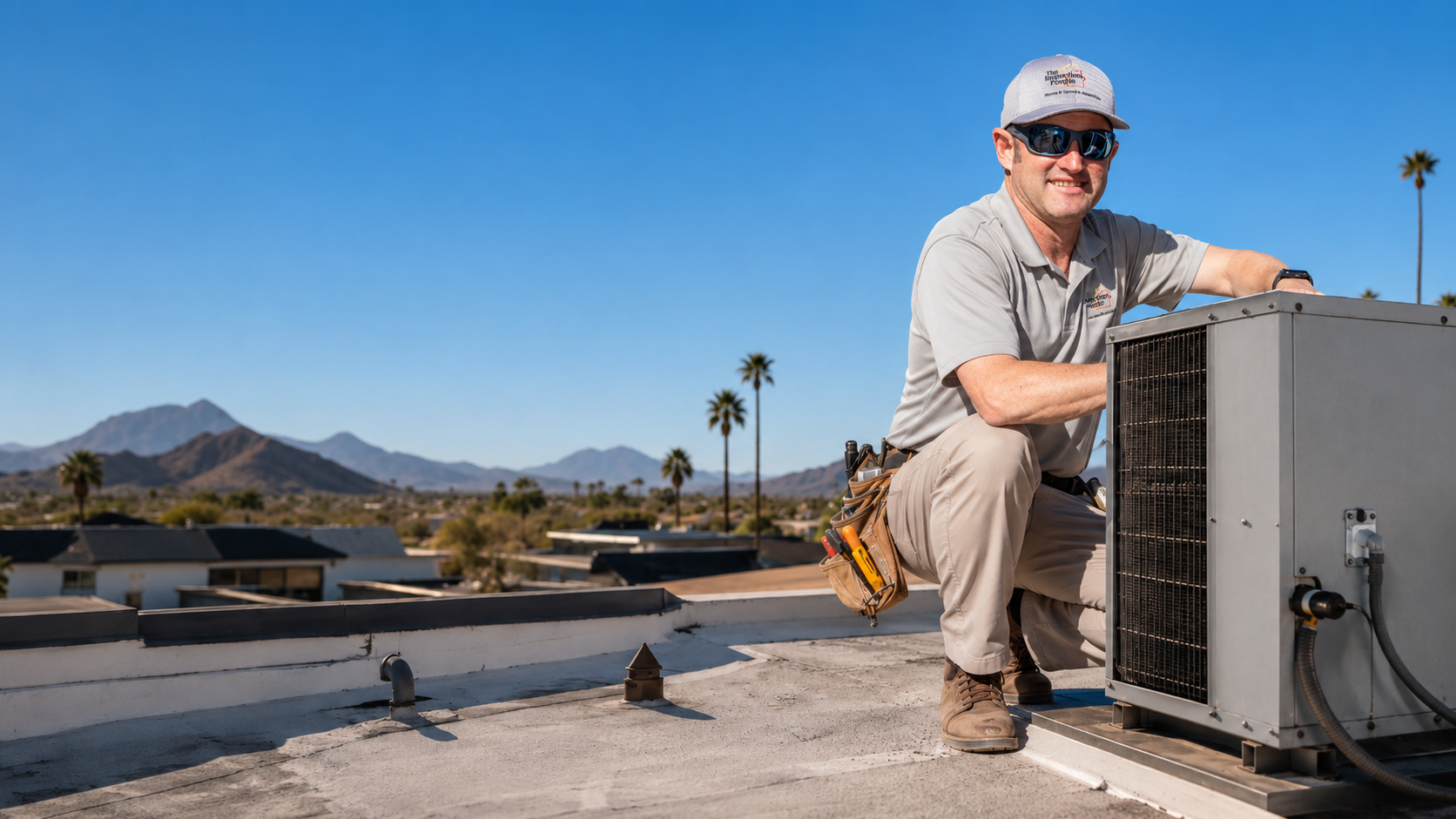 Iain Findlay inspecting a rooftop HVAC unit during a Metro Phoenix home inspection
